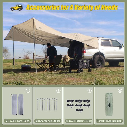 AYAMAYA Car Awning Camping Tarp Tailgate - 14 x 16 FT Extra Large Car Tent Tarp with 2 Poles Included, Multifunctional Waterproof Rain Fly Sun Shelter Canopy for SUV Truck Jeep Outdoor Activities