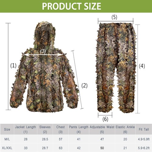 Ghillie Suit, Adult 3D Leafy Suit for Hunting, Hunting Gear Including Leafy Jacket, Camo Hunting Pants and Carry Bag, Lightweight Leafy Camo Suit for Turkey Hunting, Outdoor Jungle and Halloween M