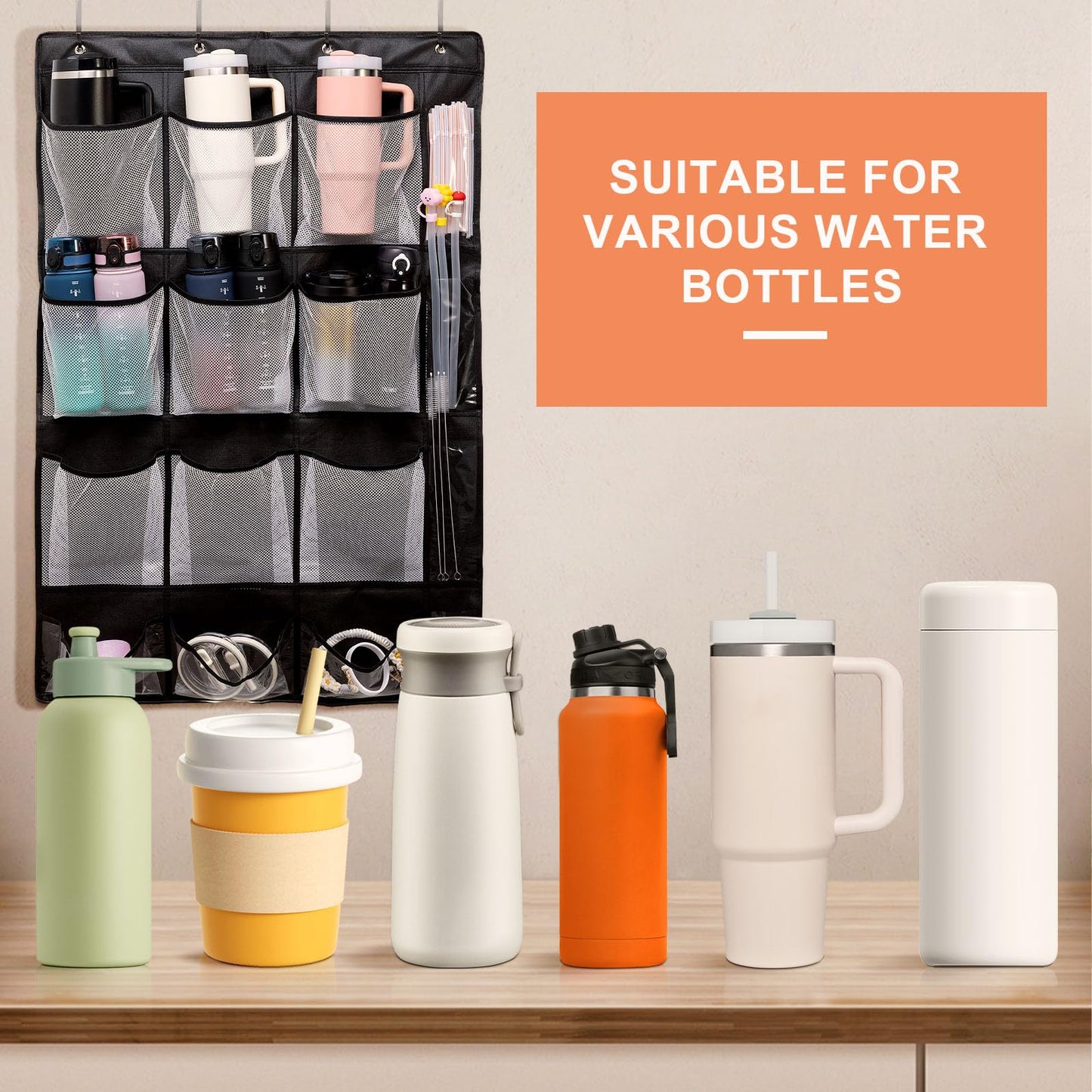 JUQINME Water Bottle Organizer for Stanley Cup, 9 Large Capacity Pockets Water Bottle Holder for Stanley 40oz Tumbler Hanging Bag Over the Door for Stanley Cup Accessories Lids Kitchen Cabinet Pantry