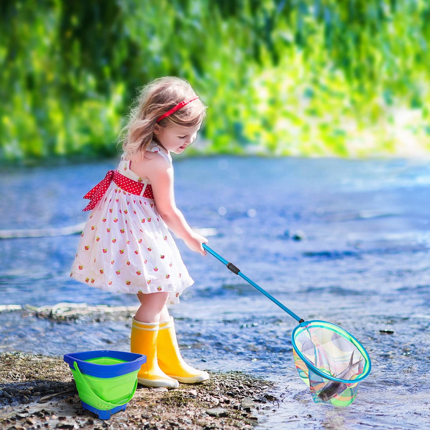 Kids Fishing Net, 2 Pack Telescopic Landing Nets with Aluminum Pole Handle, Collapsible Kids Bucket Sand Pail, Butterfly Net for Kids, Fishing Net for Kids Youth, Outdoor Playing (Pink and Blue)