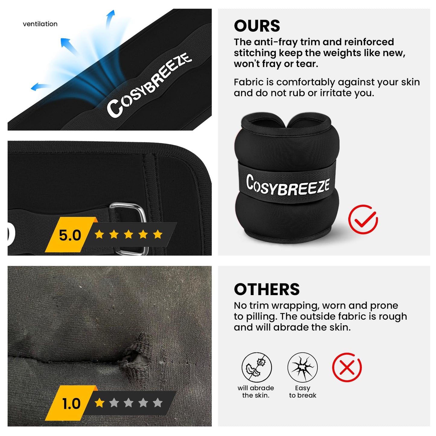 Ankle Weights 2LB 1 Pair Wrist Leg Arm Weights for Women Men, Strength Weighted for Walking, Running, Jogging, Fitness, Gym Workout - Black