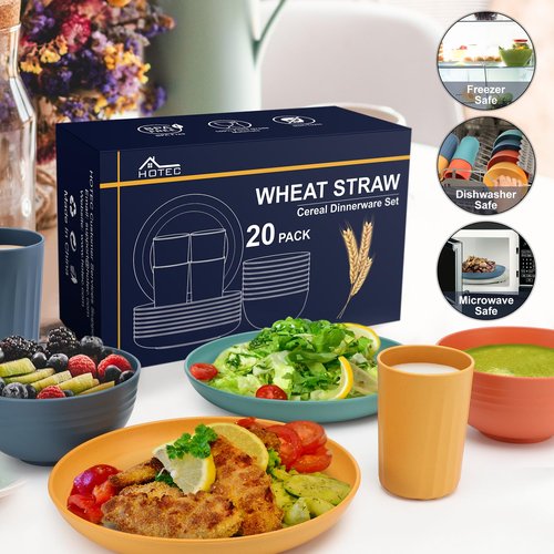 HOTEC 20-Pack Unbreakable Kitchen Plastic Wheat Straw Dinnerware Set – BPA-Free Plates, Bowls & Cups | Lightweight, Microwave & Dishwasher Safe | Multicolor Reusable Tableware for Home & Outdoor Use