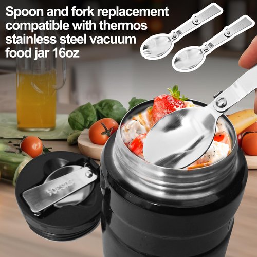 Replacement Foldable Spoon and Fork Set Compatible with Thermos Funtainer 16oz Food Jar, Stainless Steel Spoon Salad Spork Portable Outdoors, Dishwasher Safe