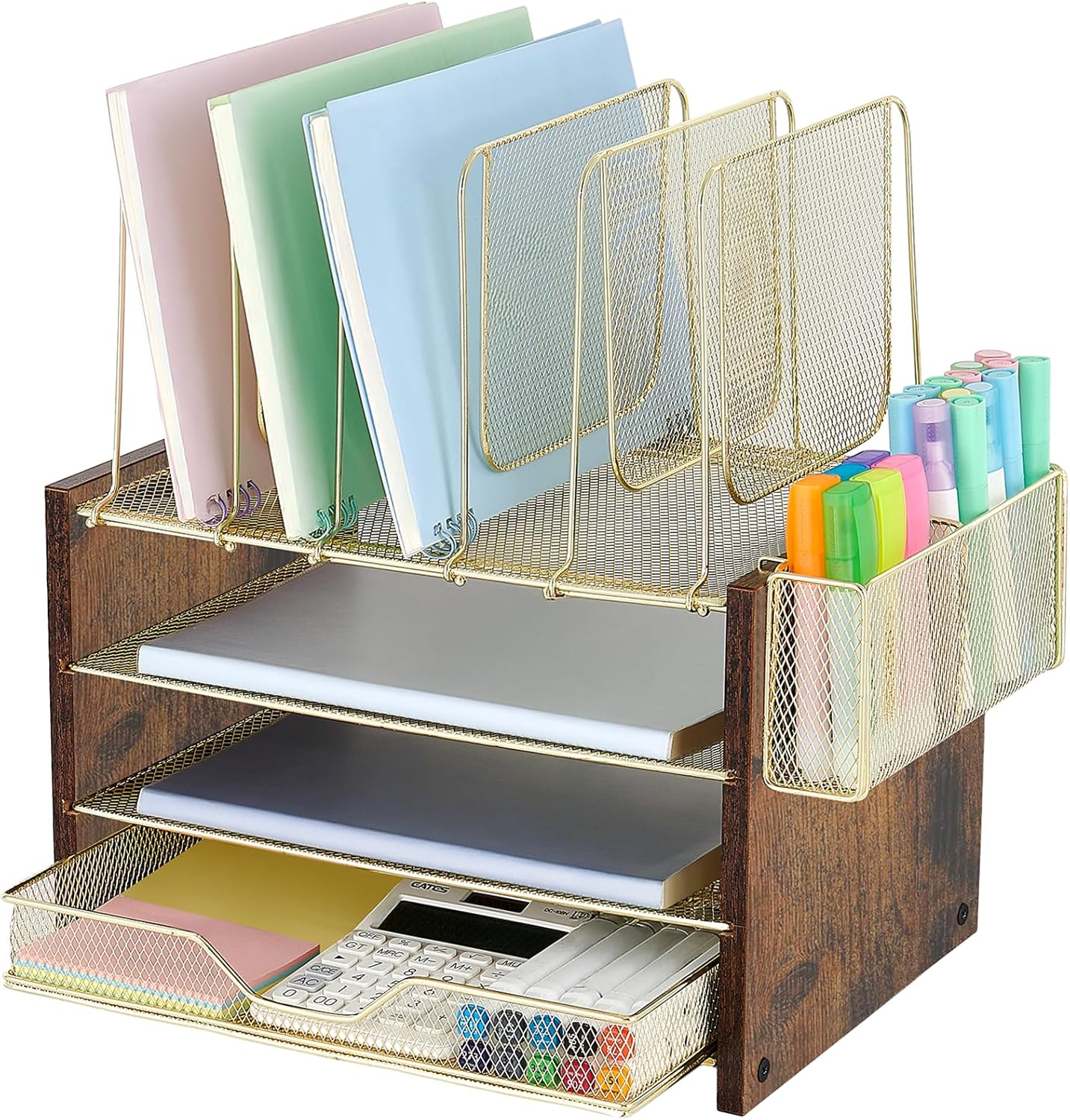 Wood Desk Organizers and Accessories, 4-Tier Workspace Desktop Paper Organizer with Drawer, 5 Vertical File Holders and Pen Holder for Office Supplies