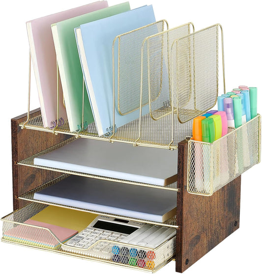 Wood Desk Organizers and Accessories, 4-Tier Workspace Desktop Paper Organizer with Drawer, 5 Vertical File Holders and Pen Holder for Office Supplies
