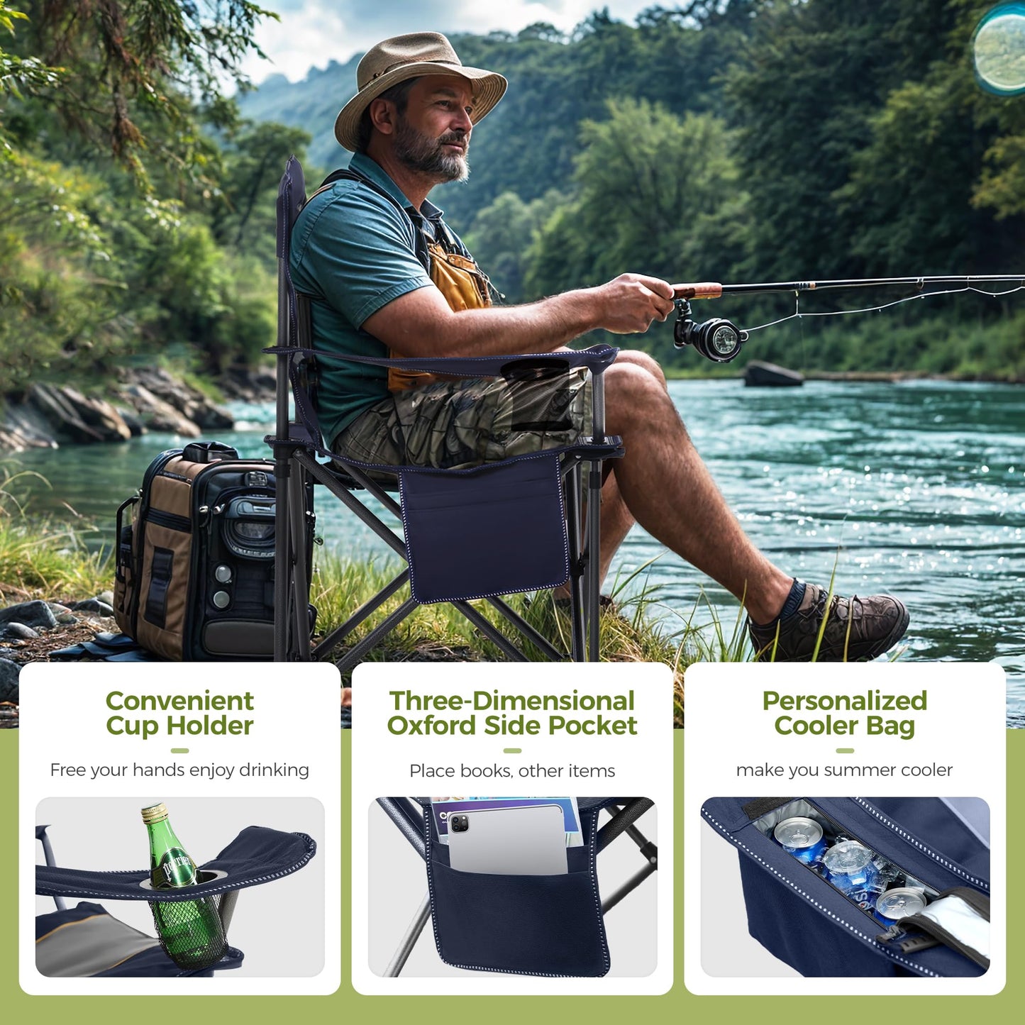 ALPHA CAMP 2PC Oversized Camping Chair Heavy Duty Lawn Chair with Cooler Bag Support 450 LBS Steel Frame Collapsible Padded Arm Quad Lumbar Back Folding Chair for Lawn Outdoor,Navy Blue