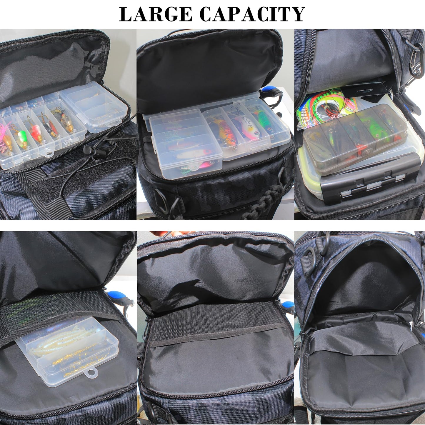 Fishing Tackle Bag with Rod Holders, Multifunctional Reflective Stripes Backpack Crossbody Sling Bags with Earphone Hole, Weatherproof Fashion Outdoors Bags for Fishing, Camping, Hiking