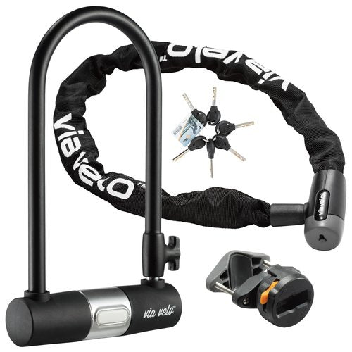 Via Velo Bike Lock 2 Sets U Lock Sold Secure Silver 15mm Shackle, 9x4.5in and Bike Chain Lock, 8mm Chain, 2.96ft Length, Same Key System 6 Keyed Alike Keys, for All Bikes, Electric Bikes