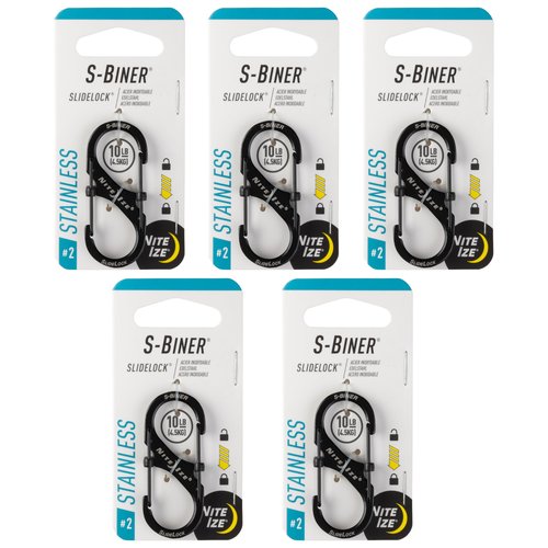 Nite Ize S-Biner SlideLock Stainless Steel - Secure Key Holder Carabiner with SlideLocks - Key & Keychain Organizer - Lockable Carabiner for Daily Use - Size 2, Black (5 Pack)