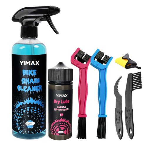 YIMAX Bike Chain Cleaner Set, Bike Cleaners Bicycle Cleaning Kit 120ML Dry Chain Lube and 500ML Cleaning Spray Bike Chain Lubricant with Brushes Cycling Maintenance, Suitable for All Types of Bike