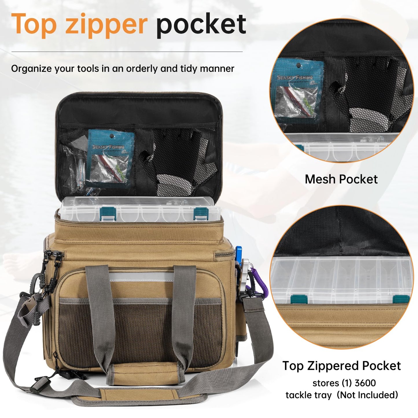 FREEAMG Fishing Tackle Bags - Padded Shoulder Strap Fishing Bags -Saltwater & Freshwater Fishing Bag - Gear Storage for Tackle Box (Kahki) (Does not come with box)