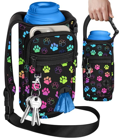 Toykee Portable Dog Water Bottle Carrier Bag for PupFlask 27oz - Travel Bottle Purse Sling with Phone Pocket Strap, Cute Colors Paw Black Pet Bottle Holder Cover for Easy Walking Hiking