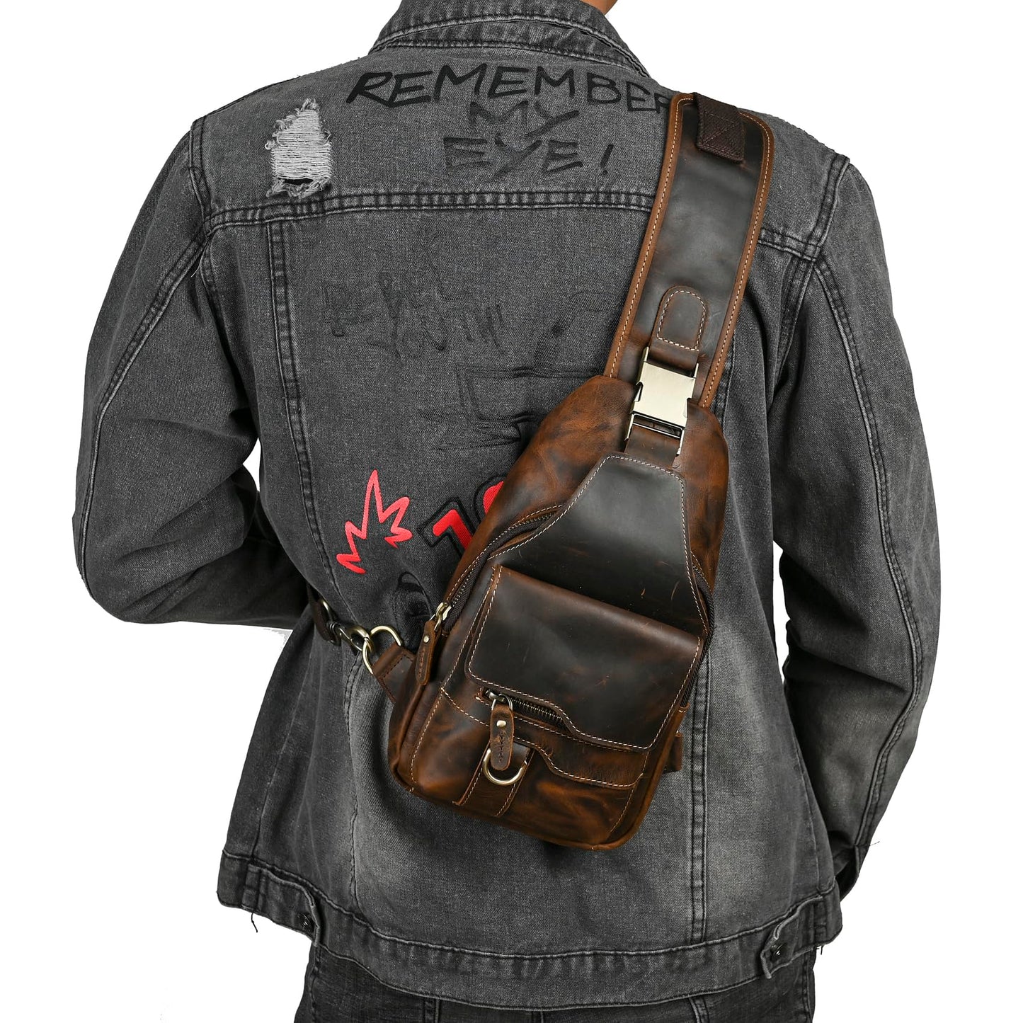 Handadsume Water Resistant Canvas + Leather Hiking Travel DayPack Sling Crossbody Triangle Chest Pack Bag For Men Women FB8013 (100% Genuine Leather-8015 Brown)