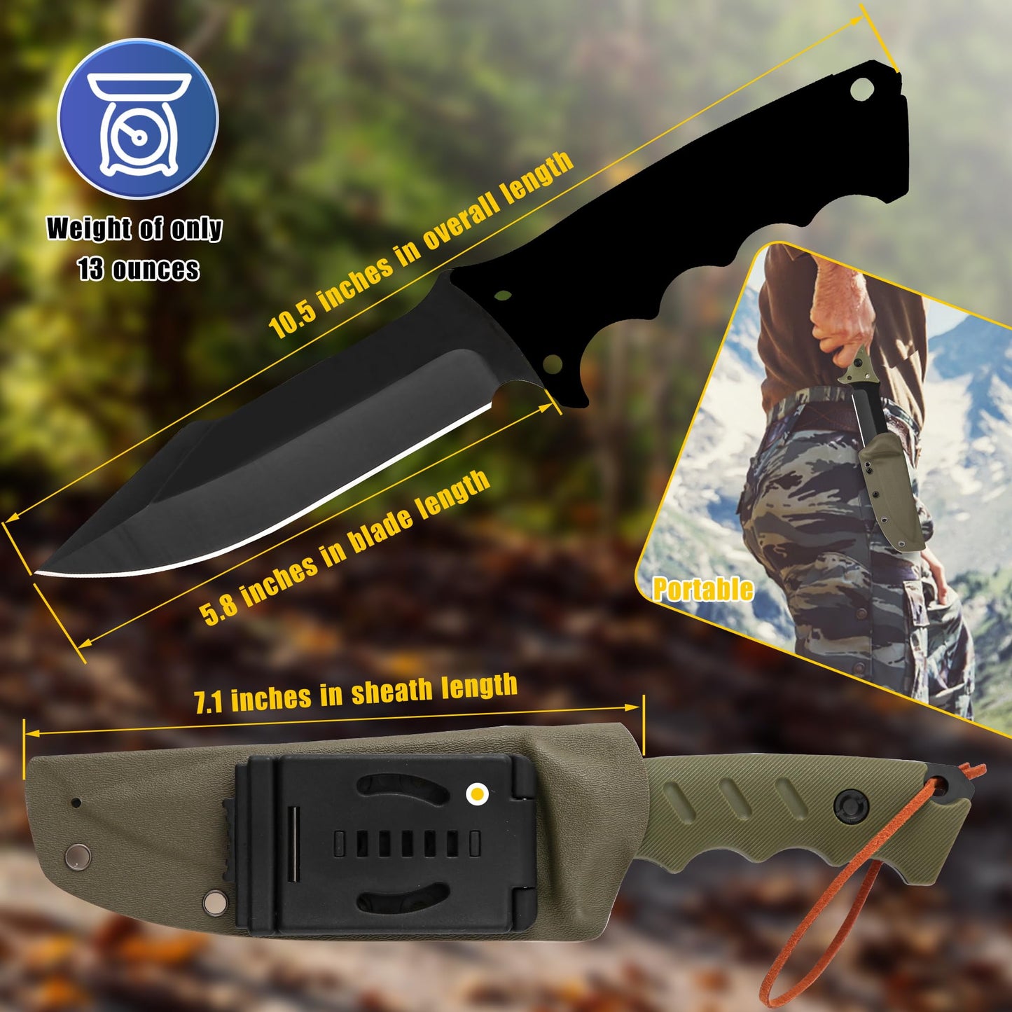 Brarvagur Full Tang Tactical Survival Knife with Kydex Sheath - Heavy Duty Outdoor Fixed Blade Knife, and Adjustable Belt Clip - Ideal for Hunting, Bushcraft, and Camping (Green)