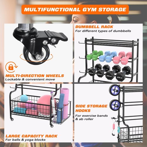 WALMANN Dumbbell Rack Home Gym Weight Rack for Dumbbells, Kettlebells, Foam Rollers, Yoga Mats and Resistance Bands, Workout Gear Organizer With Wheels