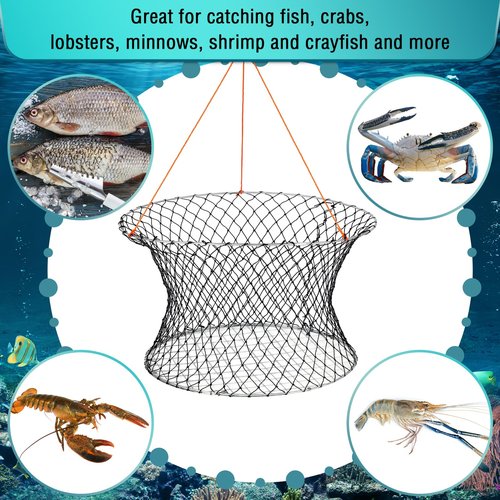 Windyun 2 Sets Crab Trap Bait Wire Grid Bottom Crab Nets Foldable Fishing Net Hand Casting Cage with Harness and Bait Clip(24 x 20 x 12 Inch,Black)
