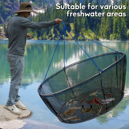 QualyQualy Foldable Fishing Net, Landing Fishing Pier Nets, Drop Net for Pulling Up Fish with Rope, Portable Bridge Fishing Net for Minnows, Crawfish, Shrimp, Top Dia. 39.4“