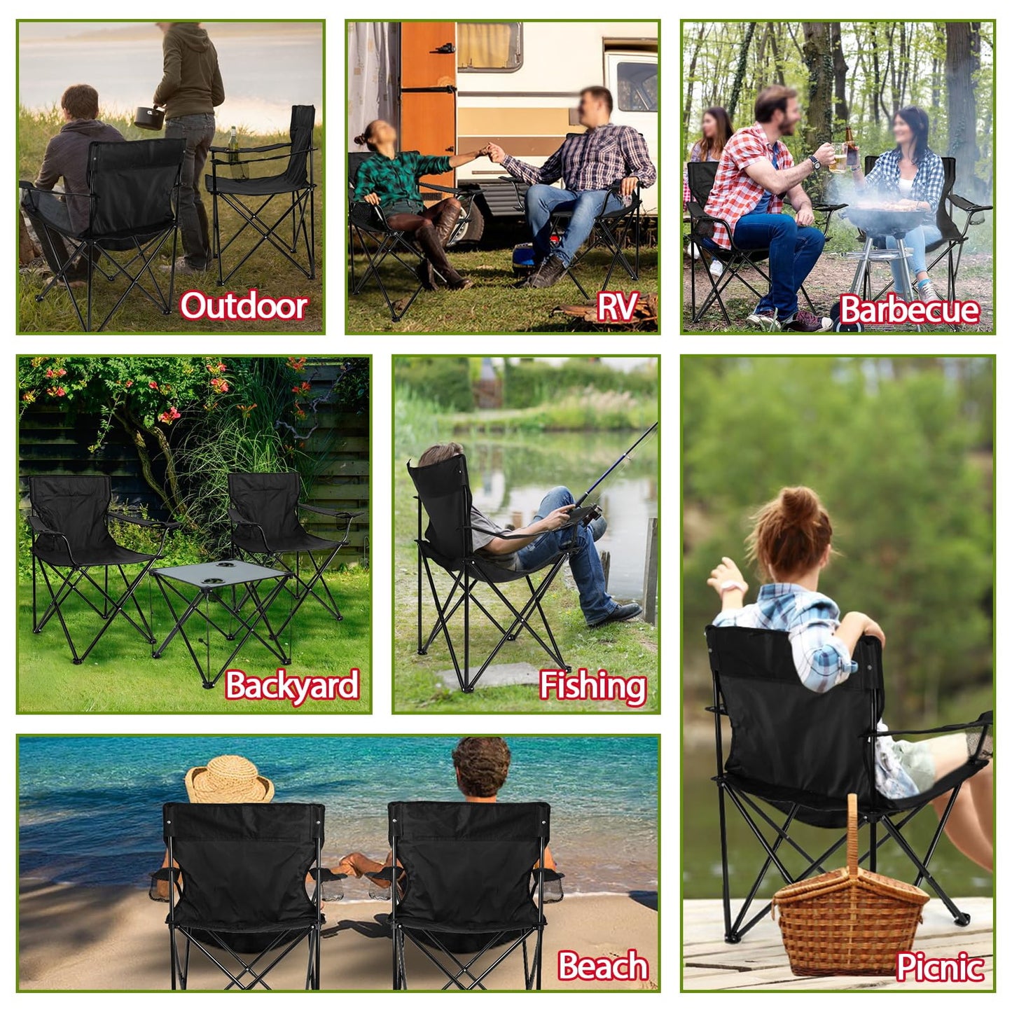 HaSteeL Folding Camping Chair Set of 3, Foldable Black Camp Chairs & Grey Table, Large Lawn Chair Portable for Adults Hiking, Fishing, Picnic, Outdoor BBQ, Travel, Sports, Cup Holders & Storage Bags