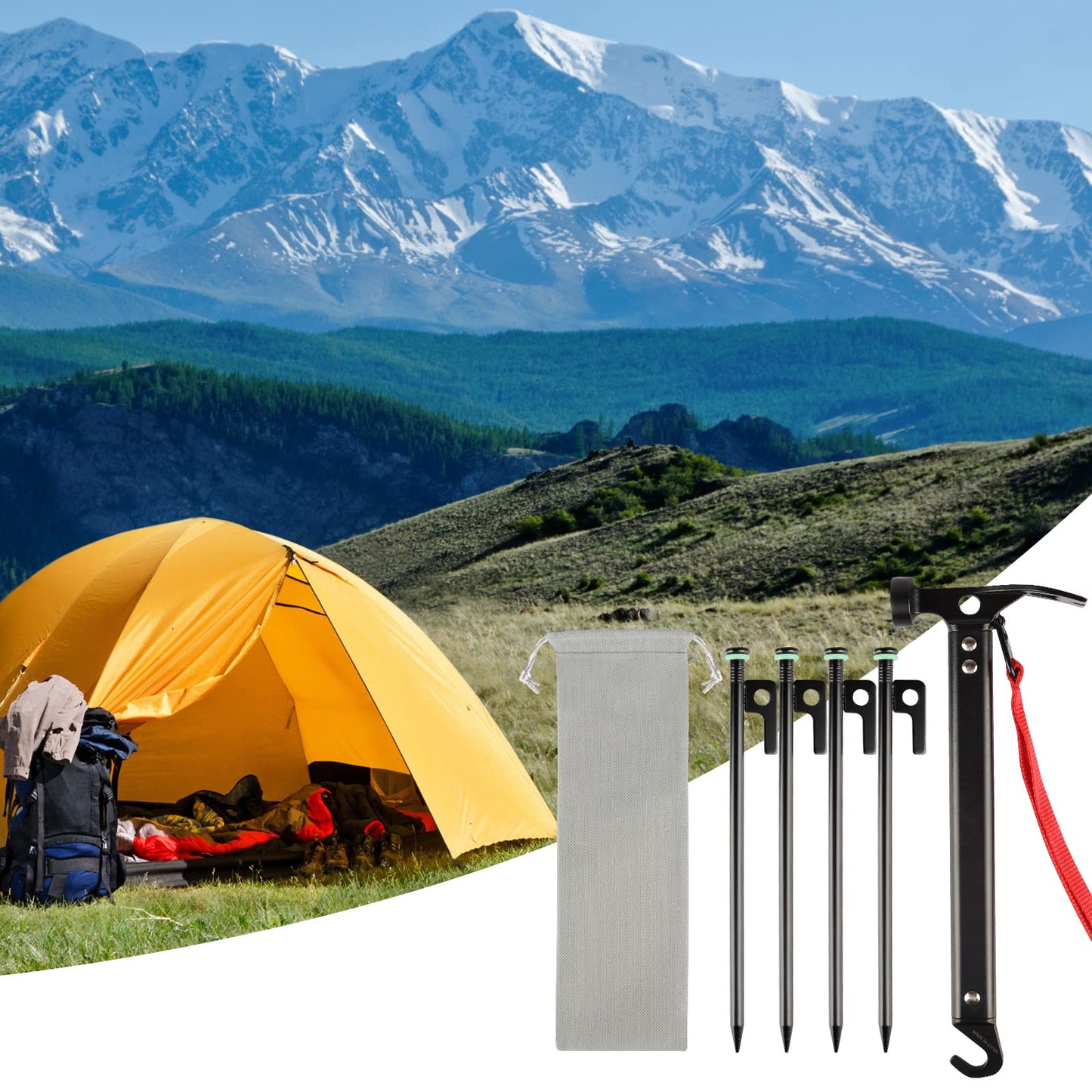 Tent Stakes Heavy Duty & Hammer Set,with 12in Tent Stake Remover +10 in Steel Tent Pegs+Storage Bag +Fluorescent Rubber Circle for Camping Used on Rocks, Grassland,Canopies (10"- 4pack & 12" Hammer)