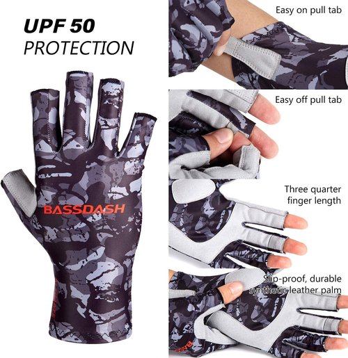 BASSDASH ALTIMATE Fishing Gloves Sun Protection Fingerless Hunting UPF 50+ Men’s Women’s UV Gloves