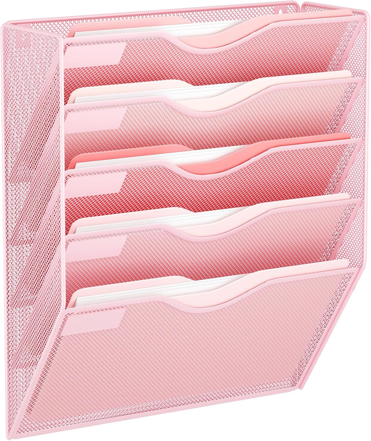 5 Pockets Mesh Hanging Wall File Holder Organizer Wall Mounted Paper Magazine Rack, Black