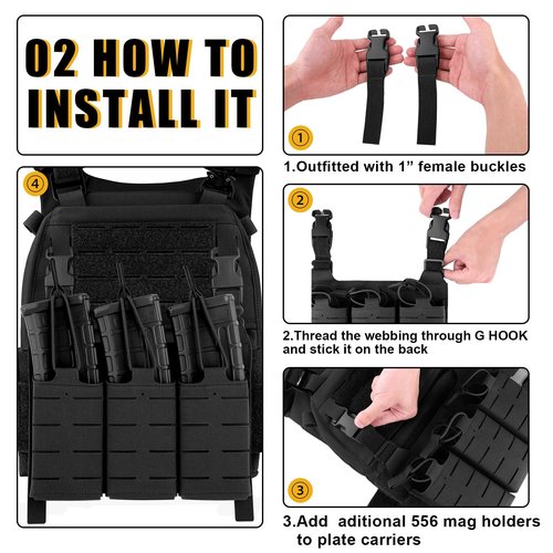 PETAC GEAR Tactical Triple 556 Magazine Pouch with Kydex Insert,KTAR AR Front Flap Magazine Pouch Laser Cut MOLLE Mag Carrier (BK)