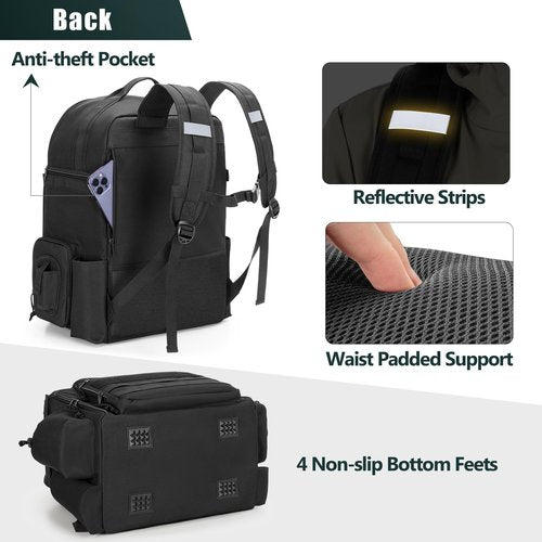 Rexmica Fishing Tackle Backpack with Cooler, Fishing Rod Bag Holds 2 Rods & Reels, Fishing Bag with Compartment for Tackle Boxes, Clothes or Other Gear, Fishing Pole Backpack, Black