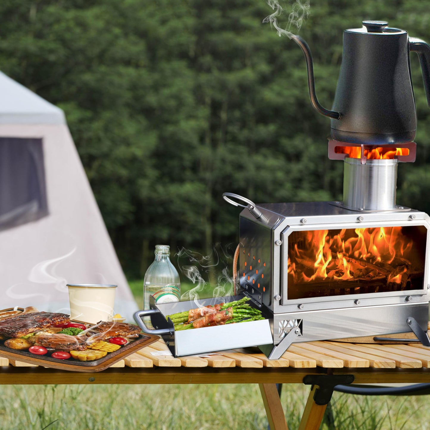 FOAPLE Outdoor Portable Wood Burning Stove，Mini Camp Oven, Camping Stove portable for Cooking, Stainless Steel Wood Burning Stove with Bag, Heat Insulation Pad, Gloves, Wood Stove for Hiking BBQ