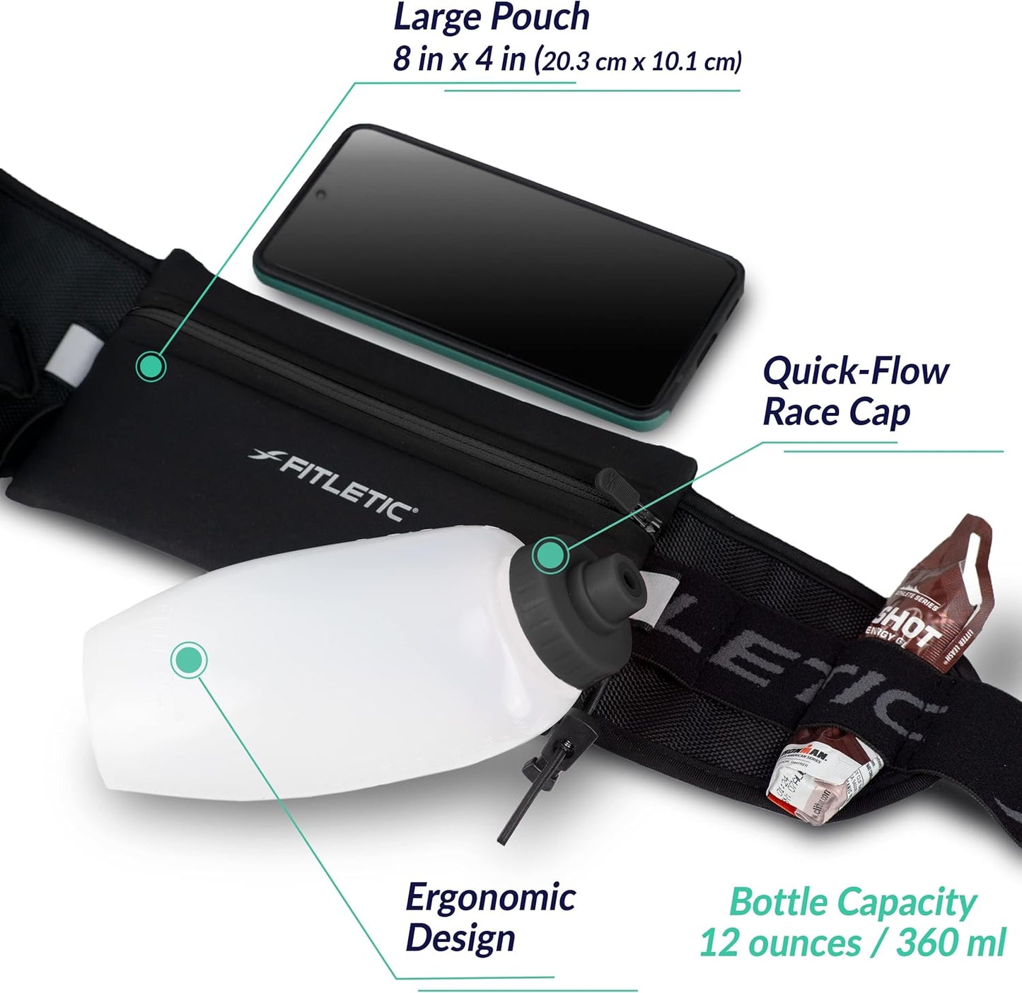 Fitletic Hydration Running Belt with 12oz Water Bottle – Bounce-Free Race Belt for Men & Women, Water-Resistant, Fits All Phones