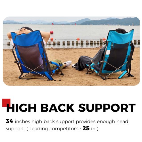 SPORT BEATS Low Beach Chairs Set of 2 Folding Beach Chairs High Back Support with Head Pillows Shoulder Straps