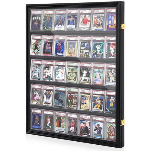 WELIDAY Graded Sports Card Display Case - 35 Baseball Sports Card Display Frame with UV Protection, Clear View Lockable Wall Cabinet for Collectible Trading Card