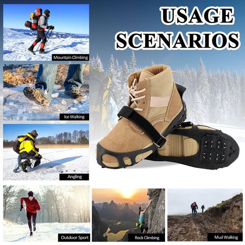 MOVOYEE Ice Cleats for Shoes and Boots Women Men Kids, Crampons for Hiking Boots Climbing Fishing Running, Rubber Stainless Steel Traction Non Slip Gripper Spikes for Shoes On Ice Snow Winter Walking