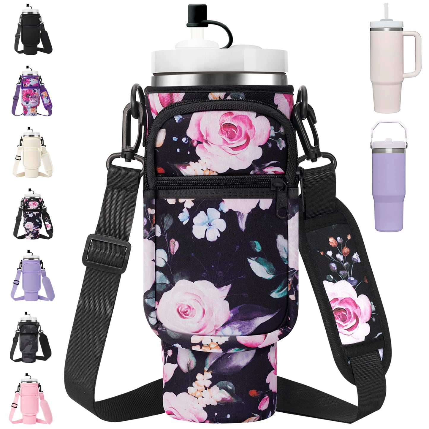 AceTreker 30/40 oz Stanley Cup Sling Bag with Strap & Phone Pocket, Neoprene Vacuum Insulated Travel Tumbler Holder with Straw Cover for Simple Modern with Handle-Black Flower