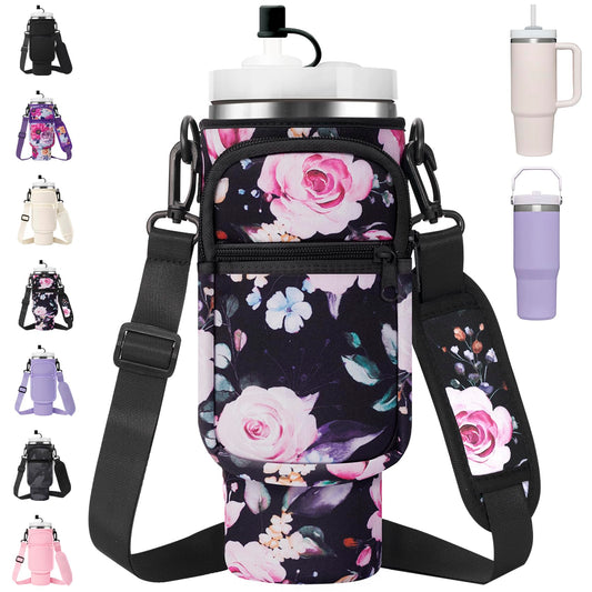 AceTreker 30/40 oz Stanley Cup Sling Bag with Strap & Phone Pocket, Neoprene Vacuum Insulated Travel Tumbler Holder with Straw Cover for Simple Modern with Handle-Black Flower