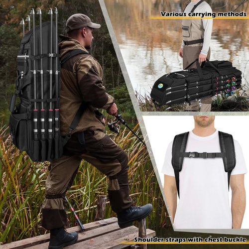Rexmica Fishing Backpack Holds 8 Rods & Reels, Fishing Tackle Bag with Compartment for Tackle Boxes, Fishing Gear or Equipment, Fishing Rod Case Backpack, Fishing Pole Bag with Tactical Molle System