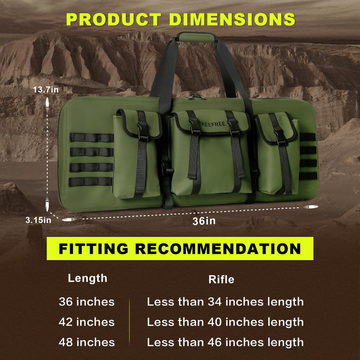 KEEFREE Long Hunting Bag 36" Tactical Backpack Gun Bag for Hunting Hiking Fishing Shooting Range with Watertight Zipper (36" Green Bag fits 34" Rifle)