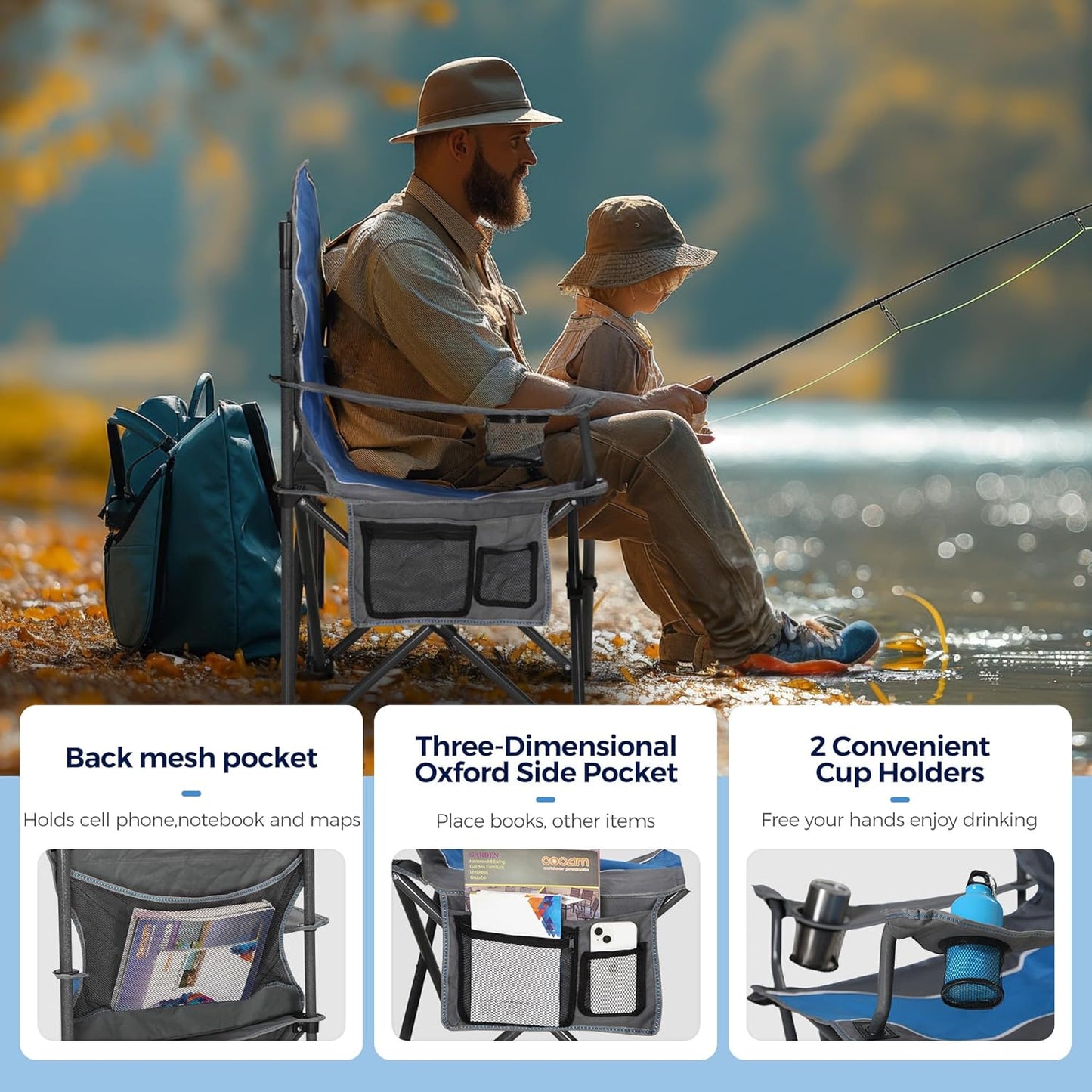 ALPHA CAMP Oversized Camping Folding Chair - Heavy Duty Steel Frame Support 350 LBS, Collapsible Padded Arm With Cup Holder, Quad Lumbar Back, Portable for Outdoor/Indoor