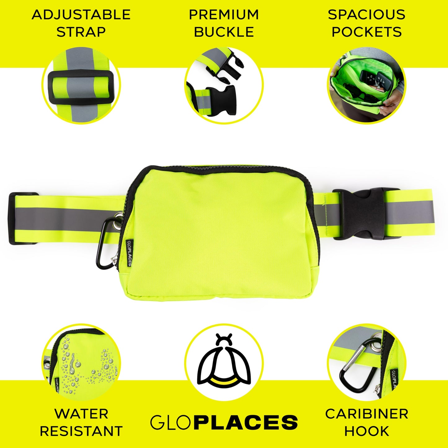 GLOPLACES Reflective Belt Bag Night Sash for Night Safety - High Visibility Hip Bag Waist Pack with Large Storage Pouch - Adjustable Night Fanny Pack for Dog Walking, Hiking, Biking