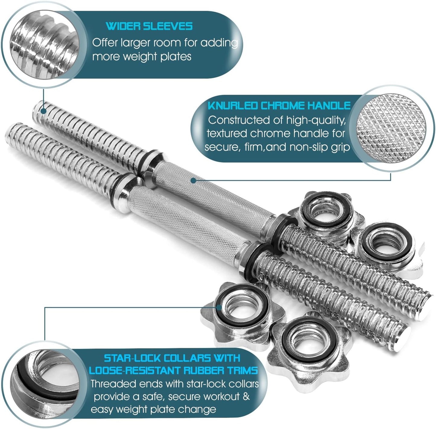 Yes4All Pair of Threaded Dumbbell Handles 14/16/18/24 inch, Chrome/Rubber Grip, Fit 1” Plates, Weight Bar Connector