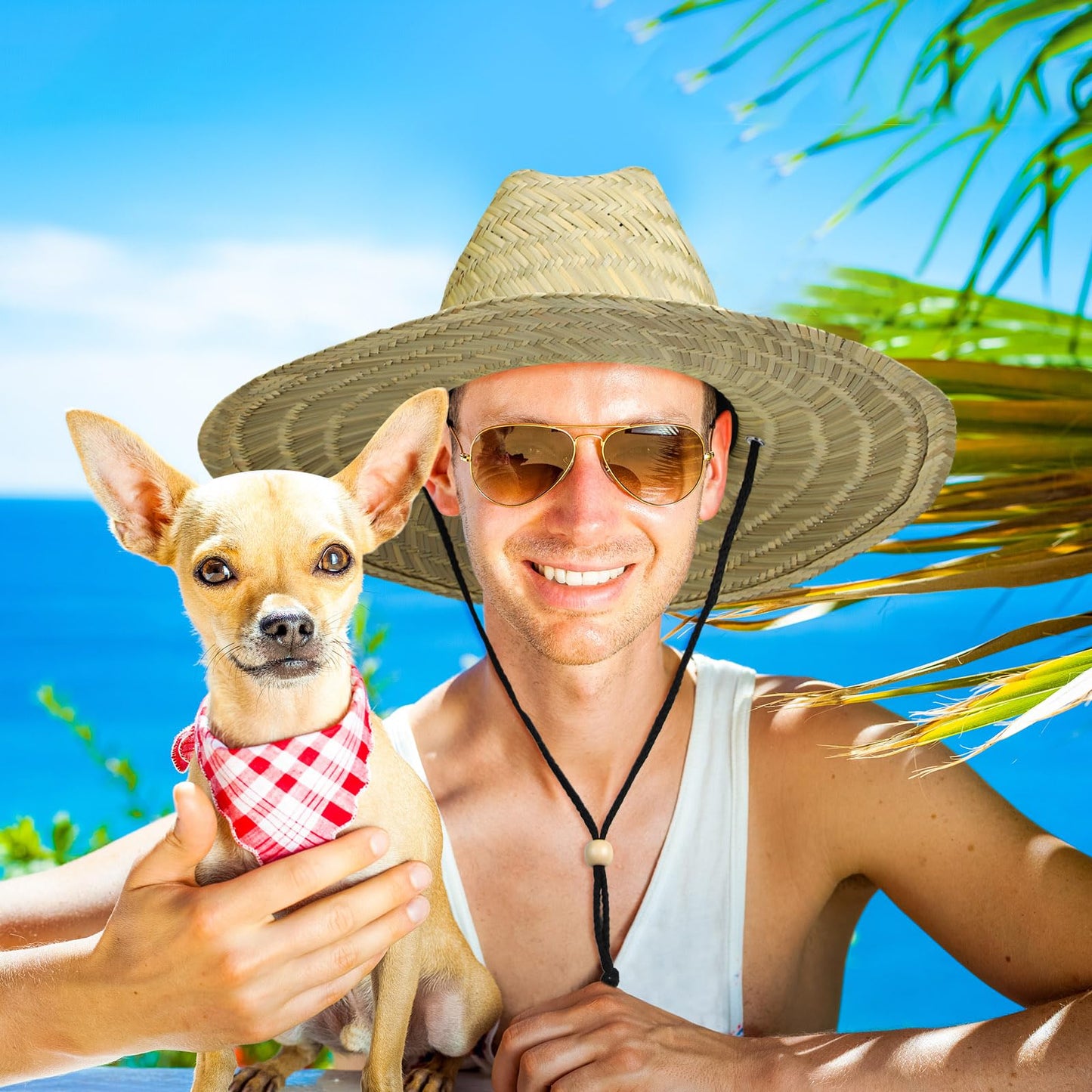 Funtery 12 Pack Straw Hat for Men Summer Large Brim Farmer Beach Sun Protection Straw Hat with Lanyard(Beige)