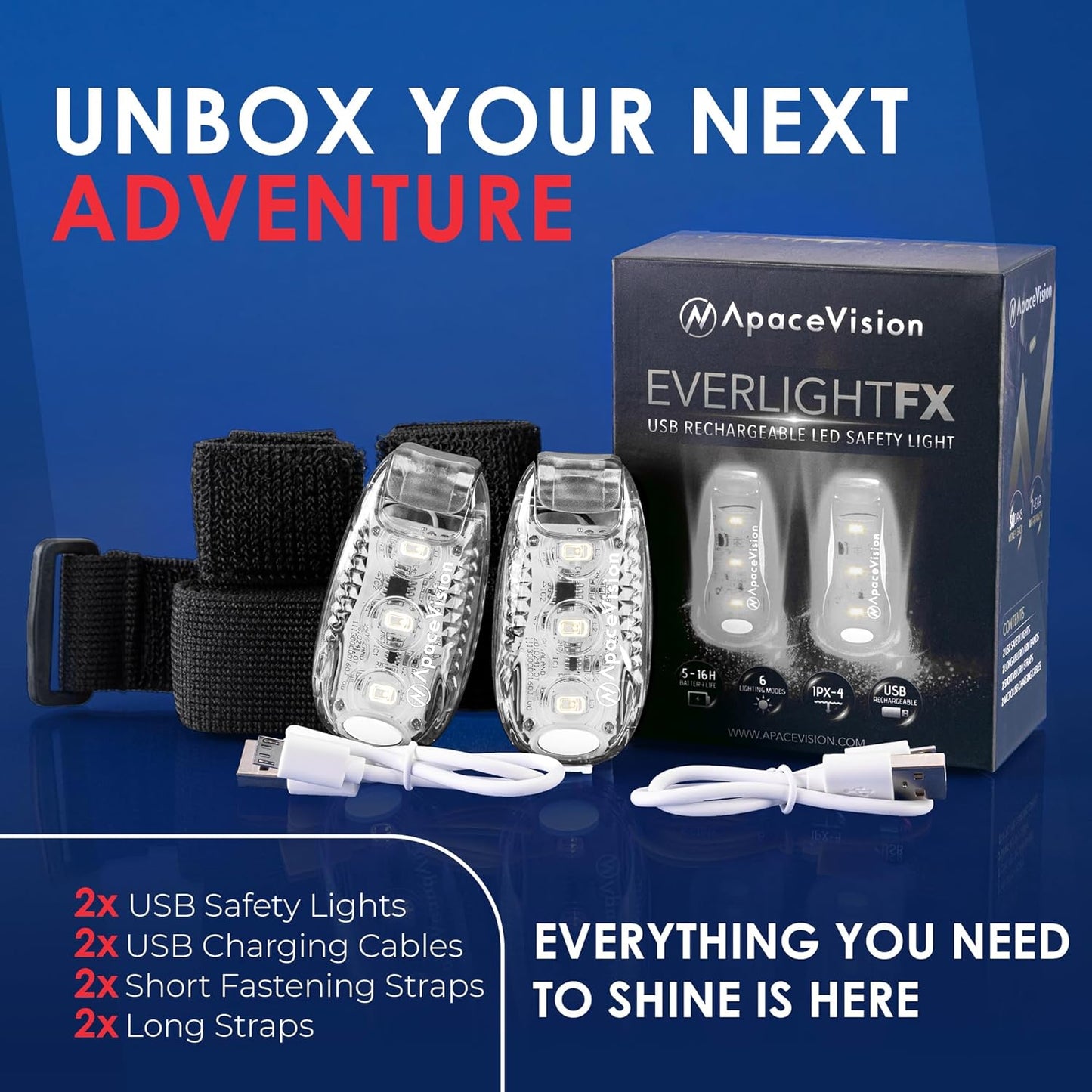 EverLightFX USB Rechargeable LED Safety Light (2 Pack) by Apace - Super Bright Bike Tail Light Works Brilliantly as Running Light for Joggers, Pets, Bicycle Strobe or Rear Clip On Lights