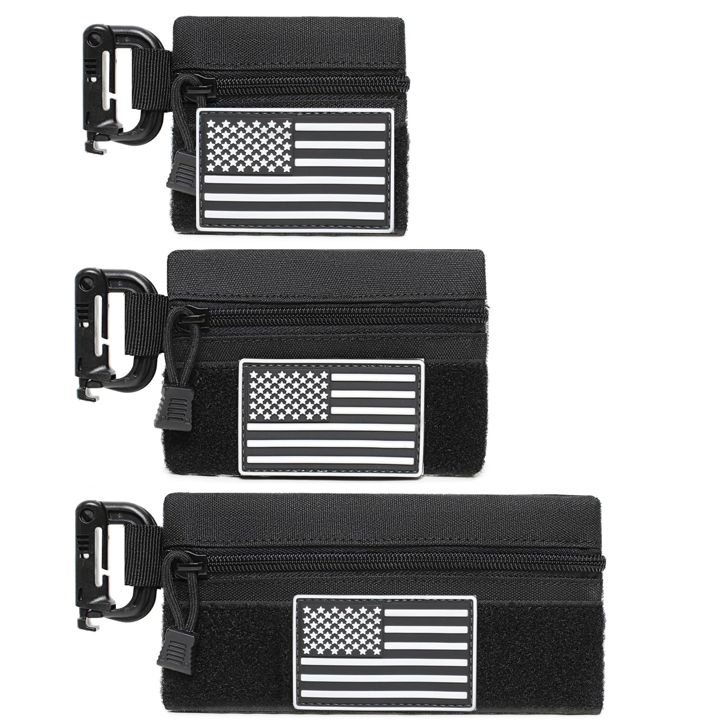 3 Pieces MINI Tactical Tool Zipper Pouch with US Patches & D-Ring Clips - Expansion Pouch,Bag Insert EDC Organizer,Utility Storage Accessories with Hook Fasteners for Vest Backpack Bag Hook and Loop