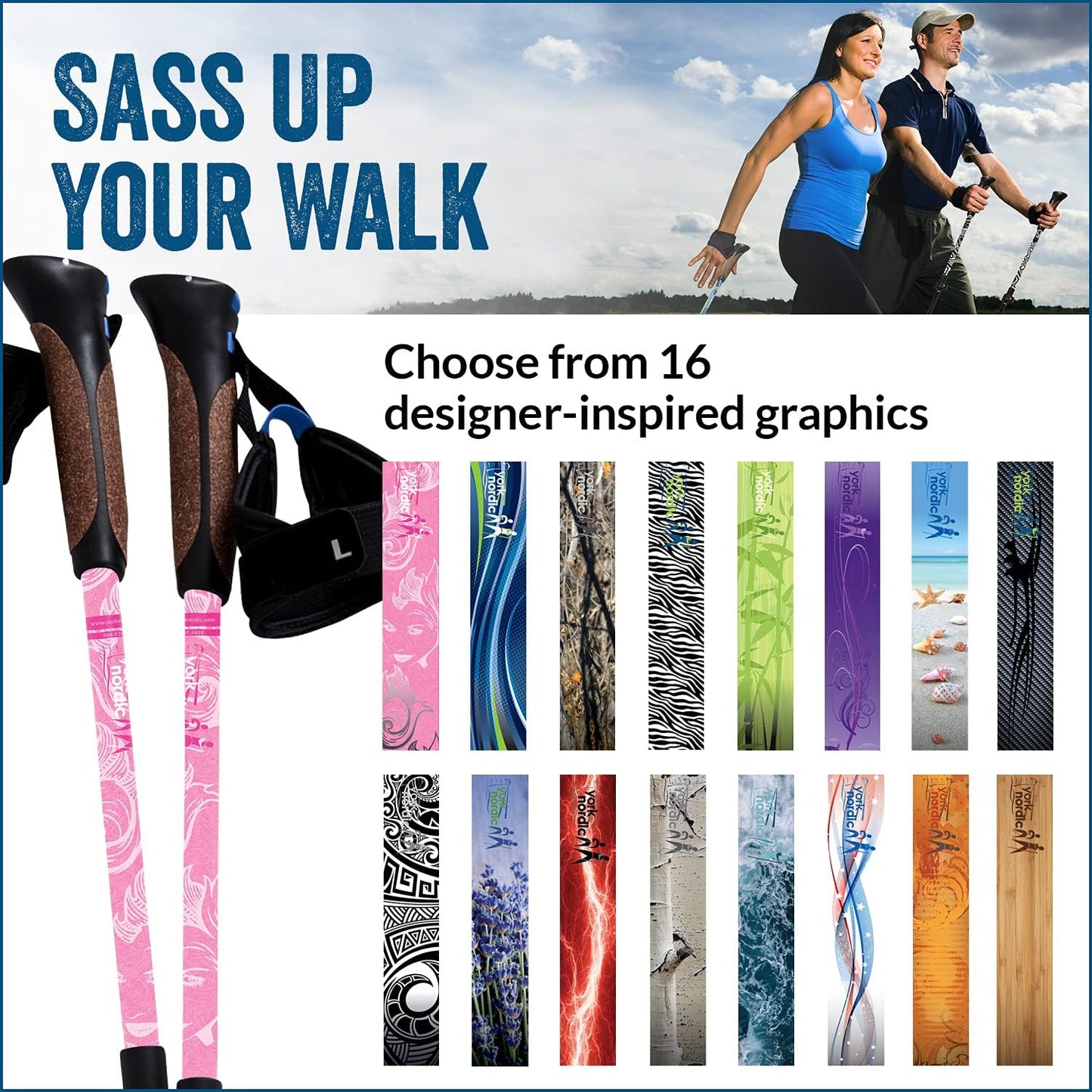 Official Nordic Walking Poles - True Classic Nordic Glove Grips, Lightweight, Adjustable, and Collapsible -2 Pieces w/flip Locks, Detachable Feet and Travel Bag by York Nordic - Heights 5'4"-6'2"