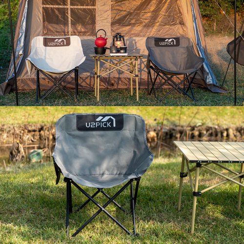 U2PICK Folding Camping Chairs, Portable Moon Chair Support Up to 330Lbs with Carry Bag, Lightweight Foldable Outdoor Chair with Cup Holder, Gray