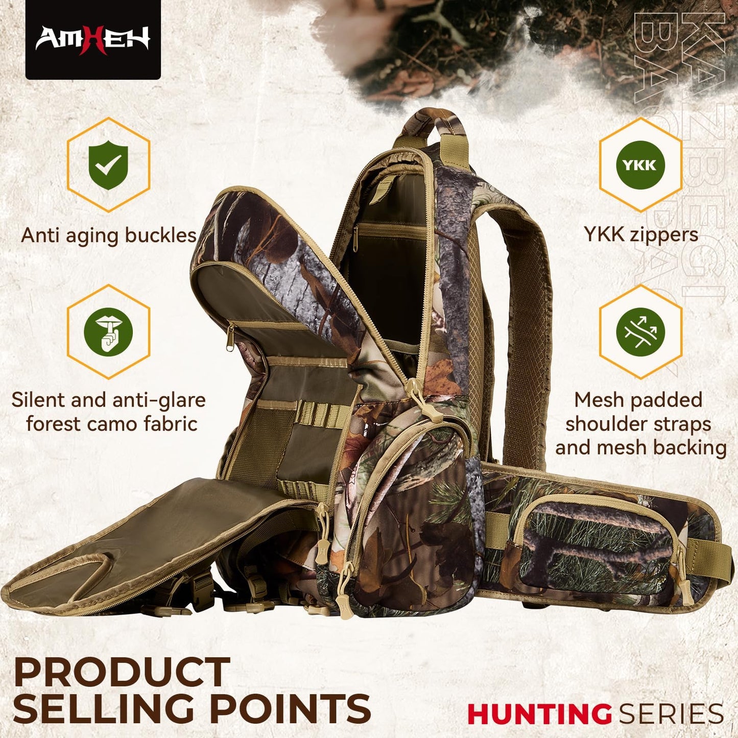 AMHEH Hunting Backpack for Men Outdoor Waterproof 31L Durable Hunting Day Pack for Bow Rifle Forest Camo