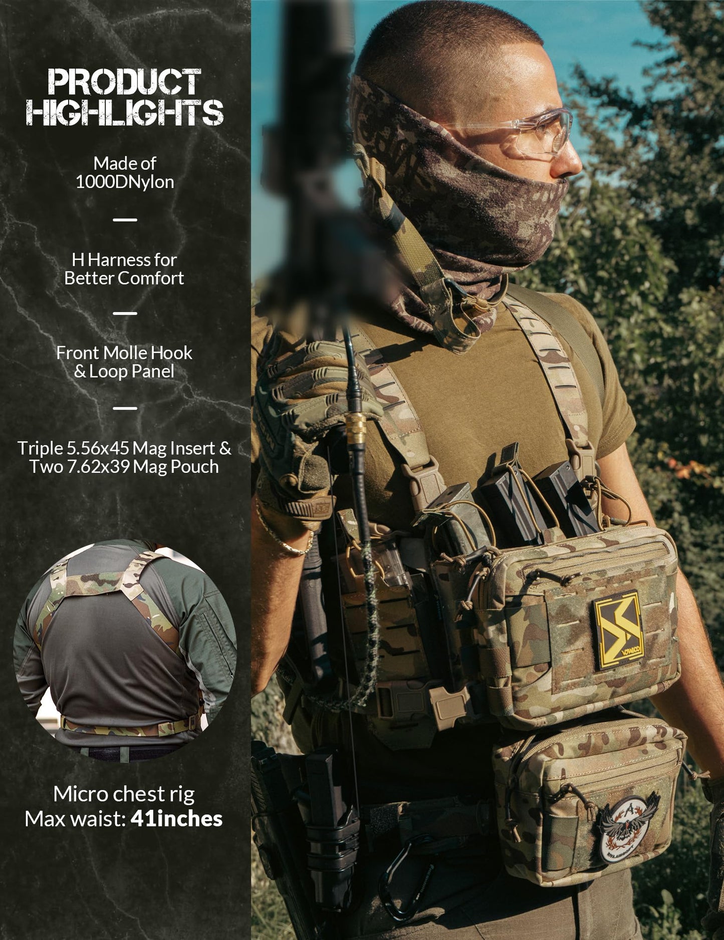 VOTAGOO Chest Rig-Tactical Chest Rig，Molle Modular Micro Fight Chest Rigs Adjustable&Detachable with 5.56/7.62 Magazine Pouch