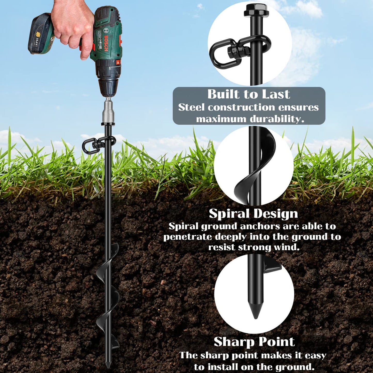 FAURIMMER 12 Pack Ground Anchor Heavy Duty Earth Anchors with T Handle Hex Wrench & Power Nut Driver, Metal Stakes Ground Anchors Screw in for Swing, Trampoline, Tents, Securing Animals
