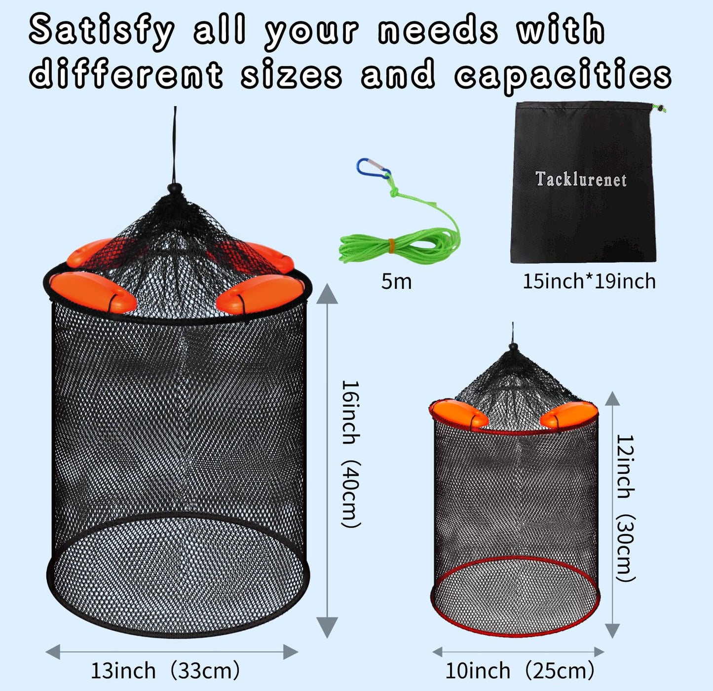 2Pcs Foldable Floating Fish Basket Fishing Basket Live Caught Fish for Kayak Fishing Accessories with Storage Bag Rubber Coated Netting and Nylon Netting Satisfy All Your Needs with Two Sizes