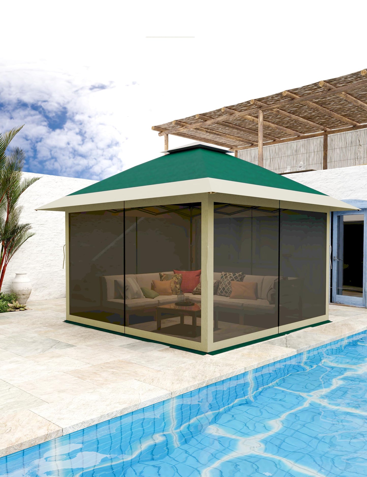 12' x 12' Outdoor Gazebo, Heavy Duty Double Roof Patio Gazebo with Netting and Curtains, Outdoor Patio Canopy for Deck Backyard Garden Lawns, Dark Green & Gray