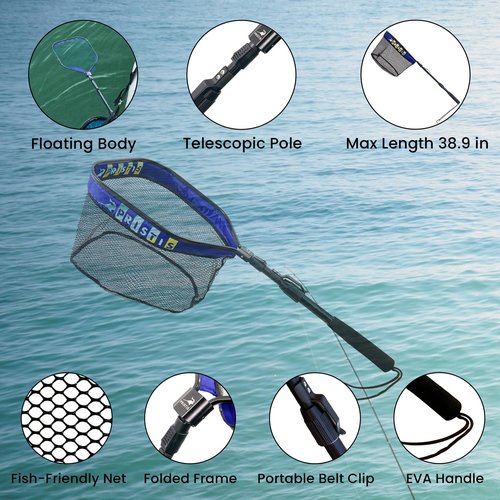 Pristis 12'' Depth Floating Lightweight Fishing Net with Telescopic Pole Handle, 39'' Foldable Extendable Rubber Coat Folding Landing Dip Net for Boat Kayak Fish Catch Release Freshwater Saltwater